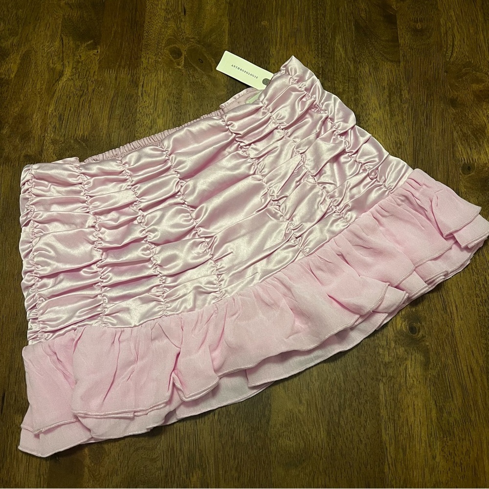 NWT Anthropologie Maeve Satin Chiffon Ruched Mini Skirt Pink Size M Coquette - Picture 5 of 13